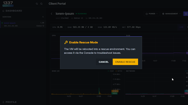 1337 Hosting control panel — rescue mode recovery dialog