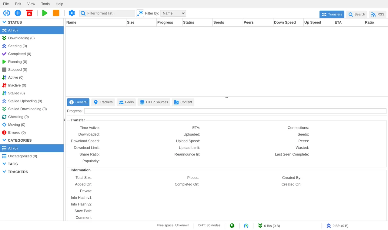 The qBittorrent WebUI dashboard, reached over localhost