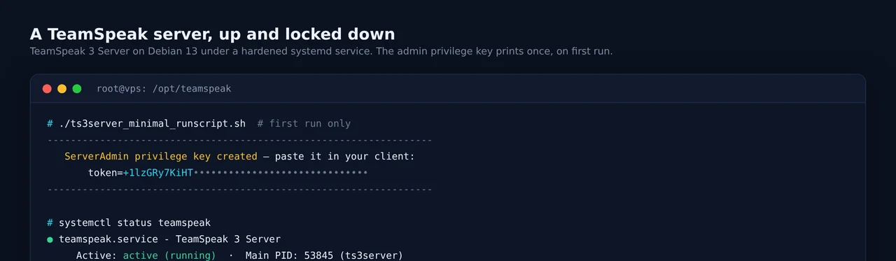 Set up a TeamSpeak server on Debian 13 (systemd, firewall, hardening)